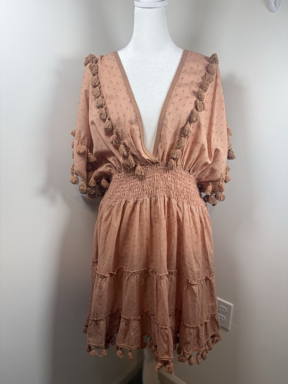 Chelsea & Violet Women’s XL Orange Metallic Plunge Neck Tassel Mini Dress Boho
